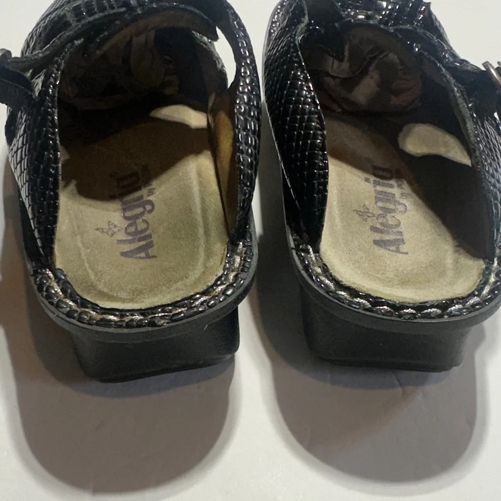 Alegria Black snakeskin Glossy Mary Jane slip on clogs w adjustable side strap - Picture 2 of 11